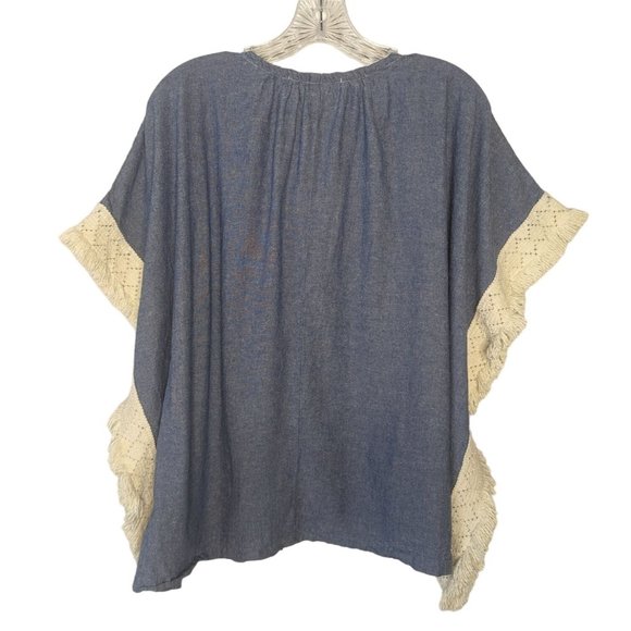Original SOUVENIR EDITION by STACI WOO blue ivory fringe Bohemian Cotton Top S - Picture 8 of 10